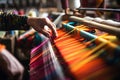 A textile worker\'s skilled hands operating a weaving machine. Generative AI