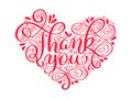 Texts Thank you in the shape of a heart hand written calligraphy lettering. handmade vector illustration. Fun brush ink