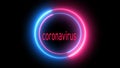 Textual warning coronavirus, text animation coronavirus on a dark background with neon circles