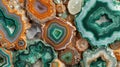 Textural collage of Agate, Malachite, and Chrysoprase, showcasing their unique patterns and rich textures on a white