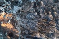 Texture abstract closeup background ice with grooves, furrows, and bubbles of air caught by frost in the mass of water