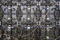 Texture of back view panels. Power input and output wire and data input and output plug. Digital electronic screen. Backside of Royalty Free Stock Photo