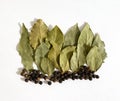 Texture, background. Dry bay leaf and peppercorns Royalty Free Stock Photo