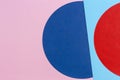 Texture background of fashion papers in memphis geometry style. Pastel pink, red, blue colors. Top view, flat lay