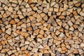 Texture background image of chopped firewood stacked in a woodpile, copy space Royalty Free Stock Photo