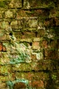 The texture of the background of the old red and white brick wall covered with moss. Fabulous, fairy tale location of Royalty Free Stock Photo