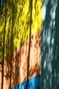 Texture, background, pattern. The wall of the building is painted with bright colors, a game of shadows from trees