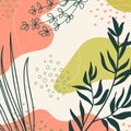 Background with organic shapes, leaves, branch and plants. Abstract natural elements in trendy doodle style for business, holiday.