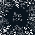 Floral vector template with leaves, plants on dark background for greeting card. Natural elements. Plant print for holiday poster,
