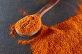 Texture background. Red chilli pepper powder mixed with wooden spoon. Top view Royalty Free Stock Photo