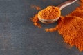 Texture background. Red chilli pepper powder mixed with wooden spoon. Top view Royalty Free Stock Photo