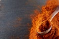 Texture background. Red chilli pepper powder mixed with wooden spoon. Top view Royalty Free Stock Photo