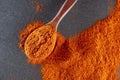 Texture background. Red chilli pepper powder mixed with wooden spoon. Top view Royalty Free Stock Photo