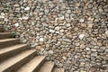 Texture and background wall gray stone with staircase part of the stone wall decorted a building. Royalty Free Stock Photo