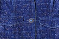 Texture of blue denim with gold threads. Beautiful blue button, pockets Royalty Free Stock Photo