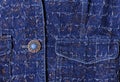 Texture of blue denim with gold threads. Beautiful blue button, pockets Royalty Free Stock Photo