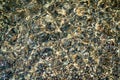 The texture of the bottom. Many small stones are visible under the clear water. Water ripples of the sea, sun rays on Royalty Free Stock Photo