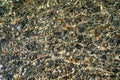 The texture of the bottom. Many small stones are visible under the clear water. Water ripples of the sea, sun rays on Royalty Free Stock Photo