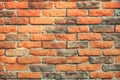 Texture brick wall is orange with gray color. Background of old worn brick wall. Retro background wasting away of the brickwork