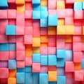 Texture of bright multicolored pink blue and yellow plastic building blocks