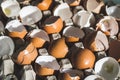 Texture of broken empty eggshell in carton box. Cooking on easter concept Royalty Free Stock Photo