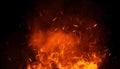 Texture of burn fire with particles embers. Flames on isolated black background. Texture for banner,flyer,card . Royalty Free Stock Photo