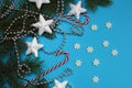 Texture of christmas beads, Christmas ball, stars, fir branches and cane Royalty Free Stock Photo