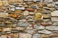 Texture collapsing stone wall of old house with brick masonry