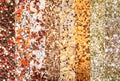 Texture of colorful spices and herbs mix. Group of colored spice. Collage of different herbs and spices Peppers