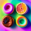 Texture concept of sweets on watercolor pastel background, orange, donuts, AI Generated