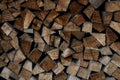 Texture cuts of firewood prepared for the winter heating season close-up