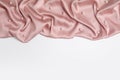 Texture of delicate pink silk with pearls on white background, top view Royalty Free Stock Photo