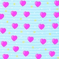 Seamless Pink Hearts and Dots Pattern in Horizontal Blue Watercolor Stripes Background Royalty Free Stock Photo