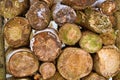 Texture of the ends of logs piled in a heap