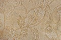 Texture of fragment genuine leather with an abstract floral ornament close-up. Light golden cream aged color. For Royalty Free Stock Photo