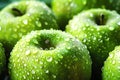 Texture of fresh large green apples covered with clean water drops, proper healthy eating
