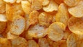 Texture fried golden brown potato chips, close-up