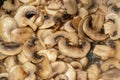 The texture of fried mushrooms button mushrooms sliced closeup in the pan Royalty Free Stock Photo