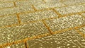 Texture of golden brick with sun glare. Golden background. Brick surface with deep uneven seams