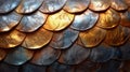 Texture of interlocking scales each one reflecting different shades of silver and gold creating a dynamic and evolving Royalty Free Stock Photo