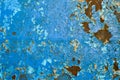 The texture of the iron metal painted blue paint old battered scratched cracked ancient rusty metal sheet wall with corrosion. Royalty Free Stock Photo