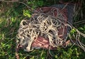 Texture of jute ropes used in shibari, Japanese bondage technique. Many skeins and loose ropes for shibari and bondage.