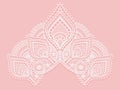 Texture lace fabric in shape of a triangle. White lace on pink background. Crocheted thin fabric made of yarn or thread. Ivory- Royalty Free Stock Photo