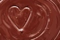 Texture liquid chocolate heart. Background melted chocolate. Valentine`s card