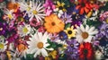 Texture of live mixed european multicolored blooming flowers for background, wallpaper. AI generated