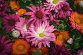 Texture of live mixed field multicolored blooming flowers for background, wallpaper. AI generated