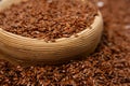 Texture made of of brown flax seeds with a white letter of vitamin B1