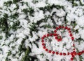 The texture of many conifer tree branches covered with snow and red beads. Heart shape from beads. Background for Christmas, New Royalty Free Stock Photo