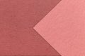 Texture of maroon paper background, half two colors with rose arrow, macro. Structure of dense craft pink cardboard