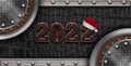 Texture metal and leather material template abstract background. Word 2022 with Santa hat, New year, Christmas card. Copy space Royalty Free Stock Photo